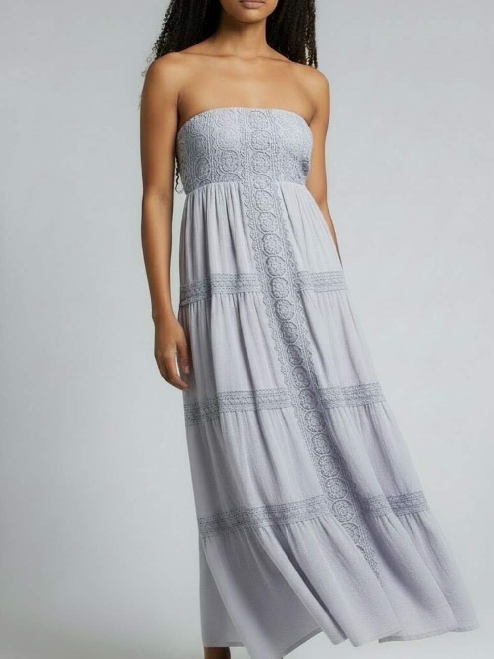 Strapless Lace-Panel Maxi Dress - Light Gray
